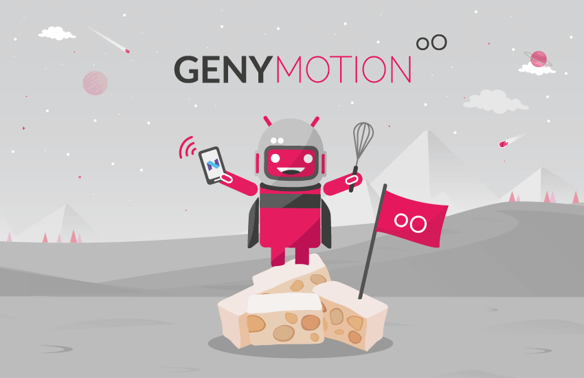 Genymotion mascot on a pile of Nougats